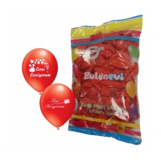 100lü 12 İnç Seni Seviyorum Baskılı Çift Yüzlü Kırmızı Balon